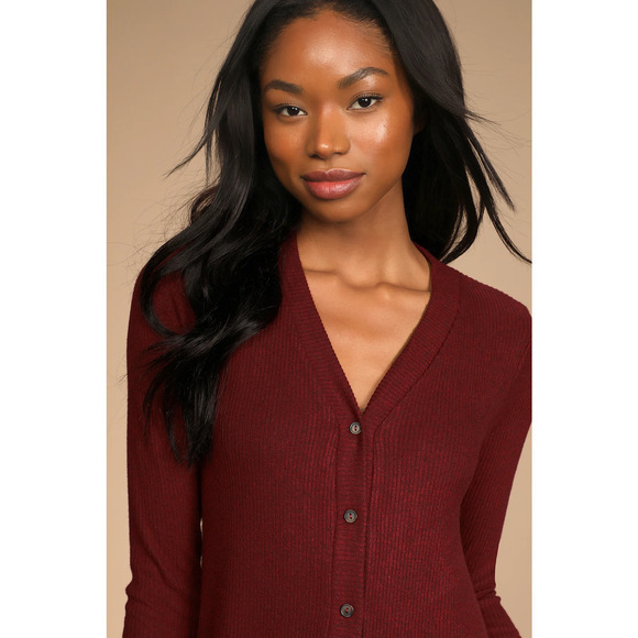 Lulus Sweet Comfort Sweater Dress Button Front Ribbed Knit Burgundy NWT Size XS - Picture 5 of 13